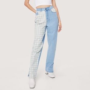 NASTY GAL Contrasting Check Print Straight Leg High Rise Jeans Size 8 NWT